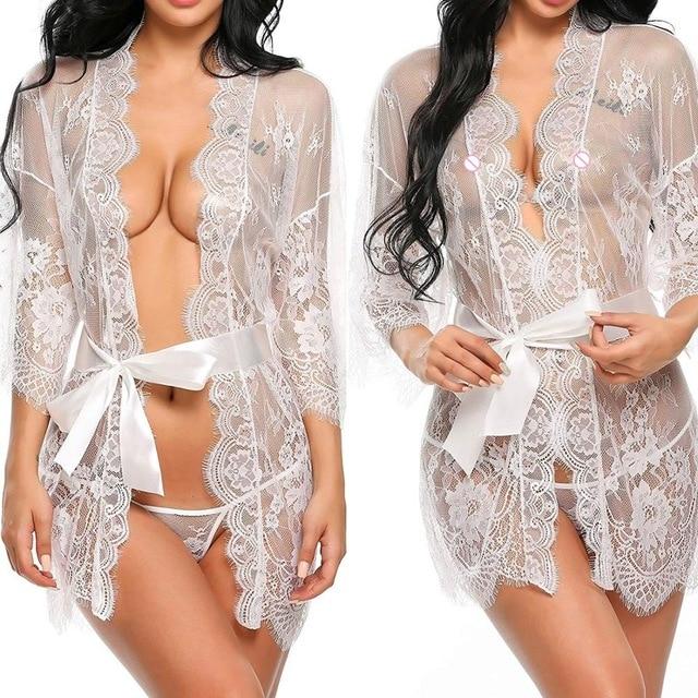 Sexy Women Lingerie Lace Night Dress Sleepwear Nightgown Bandage Deep V G-String See Through Sexy Sheer Sleep Dress 2019 Silky
