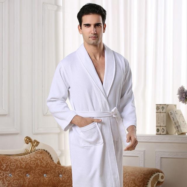 Men Bathrobe Cotton Waffle Man's Robe Nightgown Male Robe BathrobeBath Fleece Robe Dressing Gowns Pajamas Sleep Wear White Blue