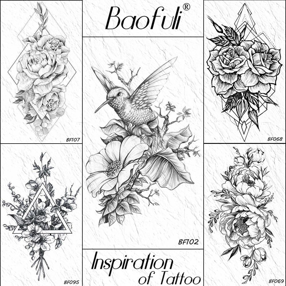 BAOFULI Hummingbird Petal Leaves Tree Temporary Tattoo Paper Flower Draw Black Tatoo Body Art Arm DIY Waterproof Tattoo Sticker