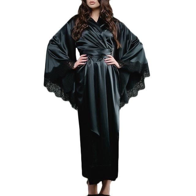 Women Sexy Lace Satin Kimono Long Robe Bathrobe Lingerie Sleepwear Belt Pajamas Solid Silk Robes For Women Satin Sleepwear