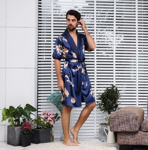Two-piece Suit Male Silk Dressing Gown Extra large Robe With Dragons Mens Satin Bathrobe Silk Kimono Men 1287