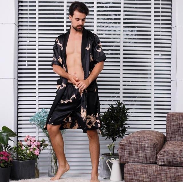 Two-piece Suit Male Silk Dressing Gown Extra large Robe With Dragons Mens Satin Bathrobe Silk Kimono Men 1287