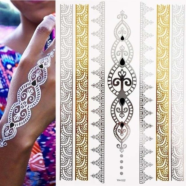 Hot Flash Metallic Waterproof Temporary Tattoo Gold Silver Tatoo Women Henna Flower Taty Design Tattoo Sticker