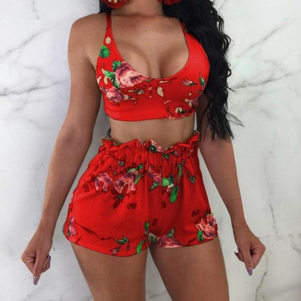 Women 2 Pcs Swimsuit Top High Waist Shorts Set Print Two Piece Swimwear Plus Size Bathing Suit