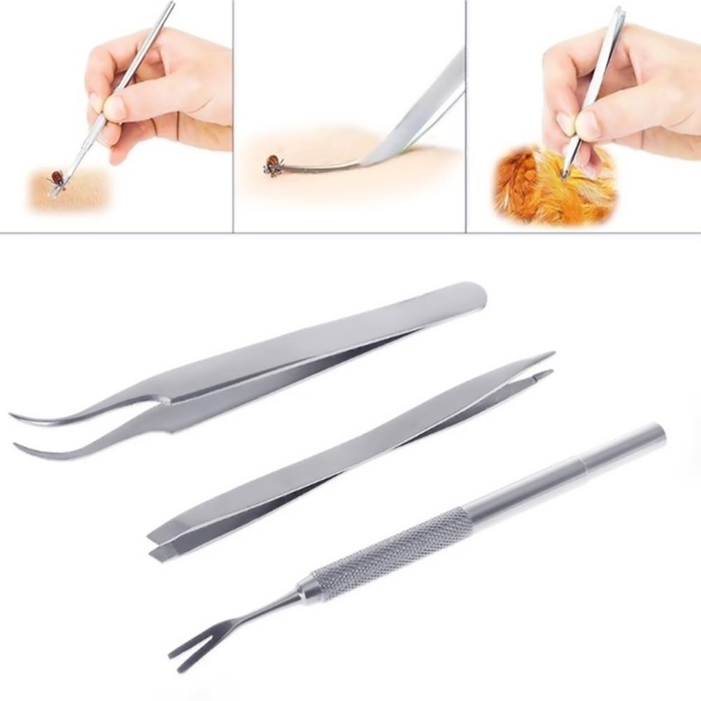 3Pcs Pet Flea Treatment Tick Removal Tools Set 2 In 1 Stainless Steel Fork Tweezers Clip Set For Pet Supplies