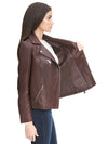 Asymmetrical Zip Leather Jacket w/ Metallic Details Burgundy