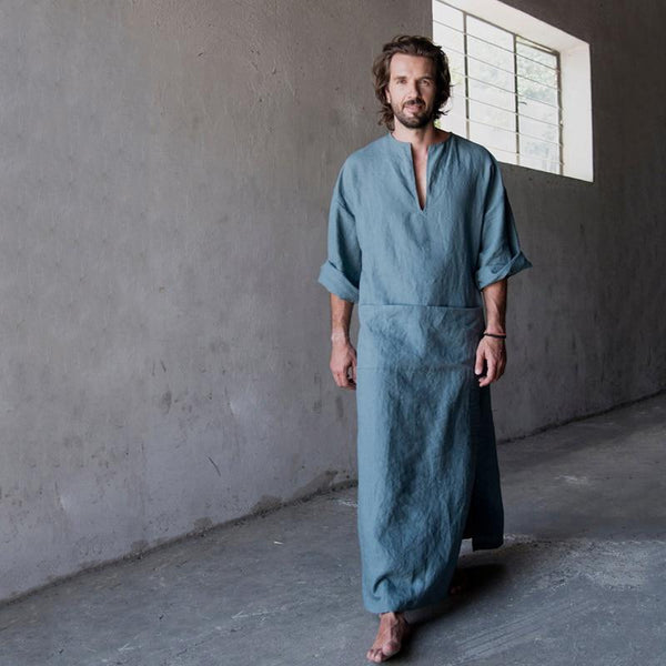 Mens Natural Linen Cotton Ultra Long Floor Length Robes Bathrobes Lounge Wear Casual Kaftan Thobe V Neck Long Gown Caftan Tunic