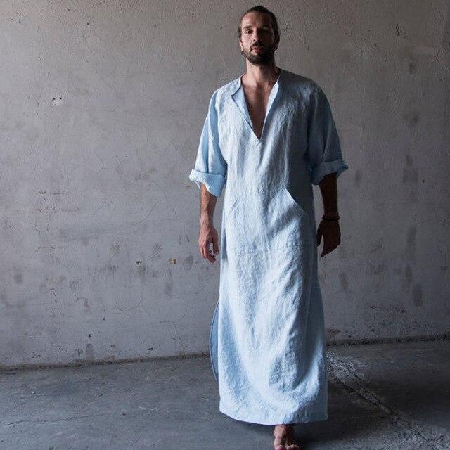 Mens Natural Linen Cotton Ultra Long Floor Length Robes Bathrobes Lounge Wear Casual Kaftan Thobe V Neck Long Gown Caftan Tunic