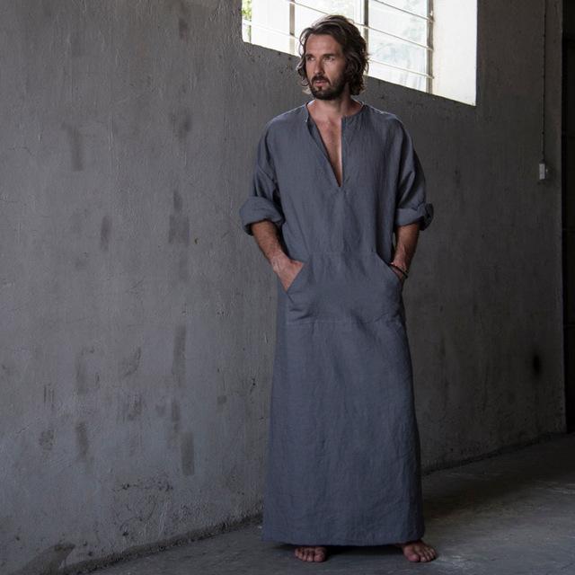 Mens Natural Linen Cotton Ultra Long Floor Length Robes Bathrobes Lounge Wear Casual Kaftan Thobe V Neck Long Gown Caftan Tunic