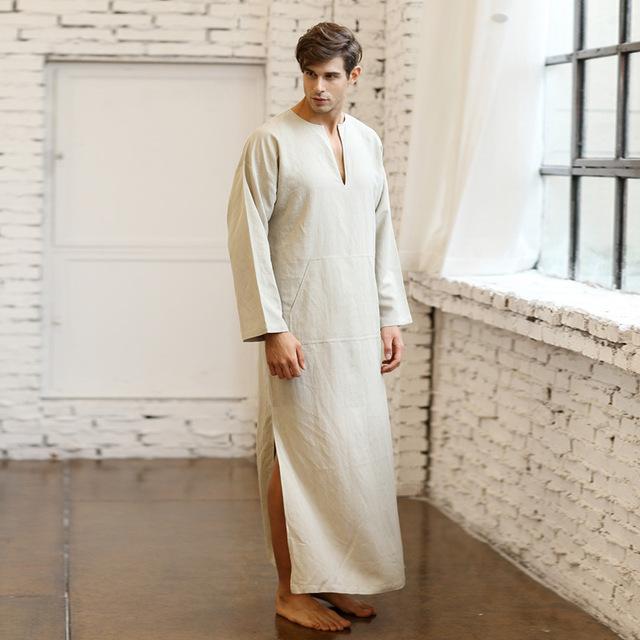 Mens Natural Linen Cotton Ultra Long Floor Length Robes Bathrobes Lounge Wear Casual Kaftan Thobe V Neck Long Gown Caftan Tunic