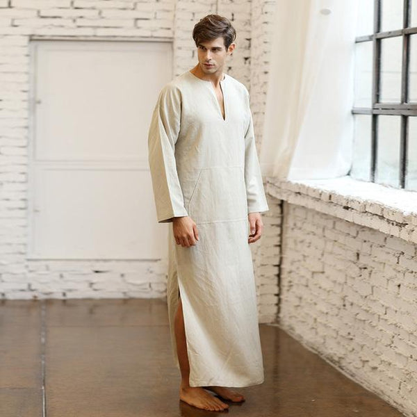 Mens Natural Linen Cotton Ultra Long Floor Length Robes Bathrobes Lounge Wear Casual Kaftan Thobe V Neck Long Gown Caftan Tunic