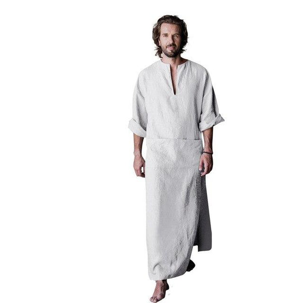 Mens Natural Linen Cotton Ultra Long Floor Length Robes Bathrobes Lounge Wear Casual Kaftan Thobe V Neck Long Gown Caftan Tunic