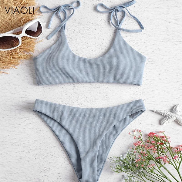 Sexy Solid Ribbed Swimsuit Women BIKINI Set 2018 New Shoulder Lace-up Bathing Suit Tankini Push Up Swimwear Maillot De Bain Girl