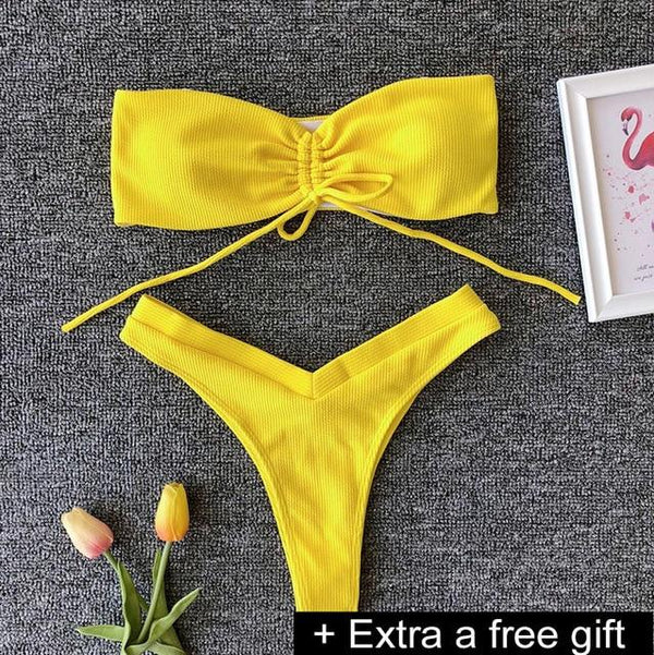 Sexy Solid Ribbed Swimsuit Women BIKINI Set 2018 New Shoulder Lace-up Bathing Suit Tankini Push Up Swimwear Maillot De Bain Girl