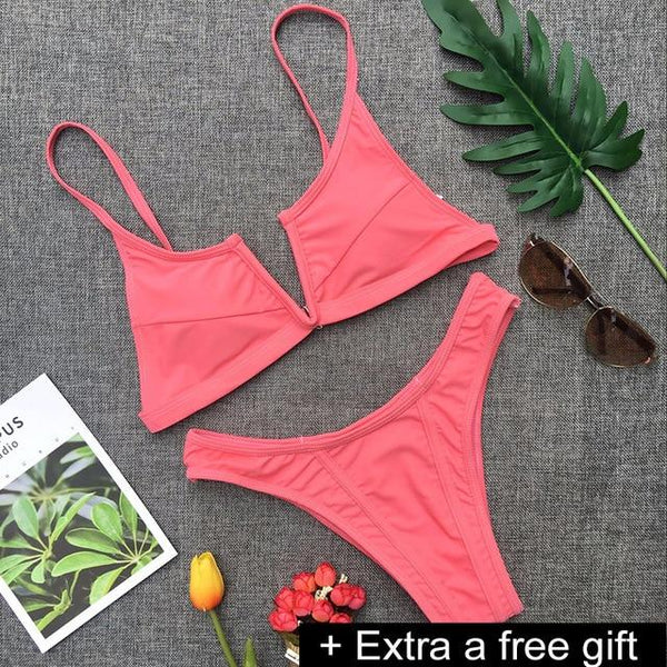 Sexy Solid Ribbed Swimsuit Women BIKINI Set 2018 New Shoulder Lace-up Bathing Suit Tankini Push Up Swimwear Maillot De Bain Girl