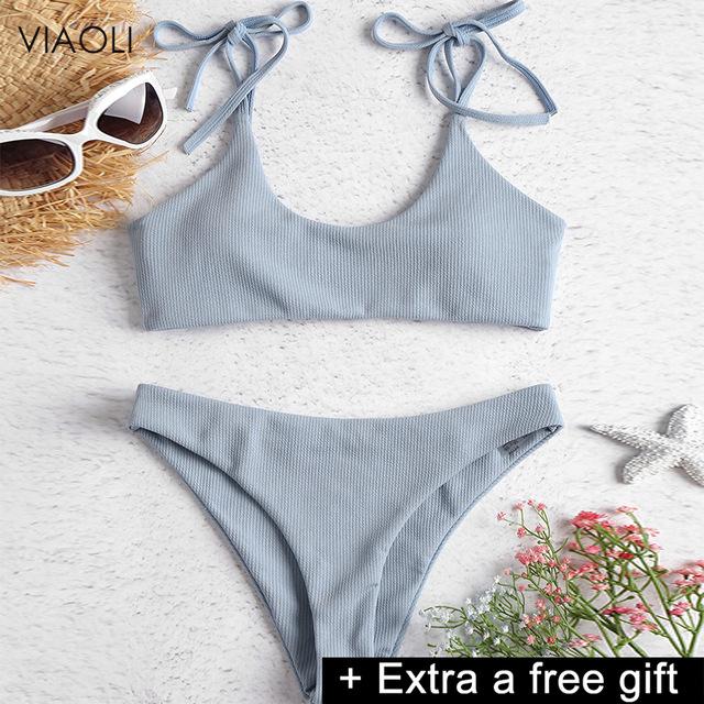 Sexy Solid Ribbed Swimsuit Women BIKINI Set 2018 New Shoulder Lace-up Bathing Suit Tankini Push Up Swimwear Maillot De Bain Girl