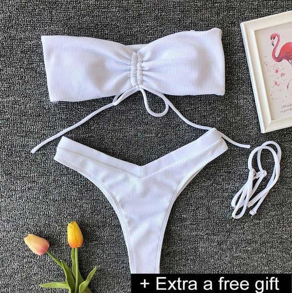 Sexy Solid Ribbed Swimsuit Women BIKINI Set 2018 New Shoulder Lace-up Bathing Suit Tankini Push Up Swimwear Maillot De Bain Girl