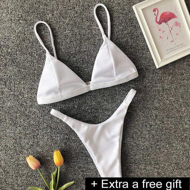 Sexy Solid Ribbed Swimsuit Women BIKINI Set 2018 New Shoulder Lace-up Bathing Suit Tankini Push Up Swimwear Maillot De Bain Girl