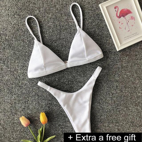 Sexy Solid Ribbed Swimsuit Women BIKINI Set 2018 New Shoulder Lace-up Bathing Suit Tankini Push Up Swimwear Maillot De Bain Girl