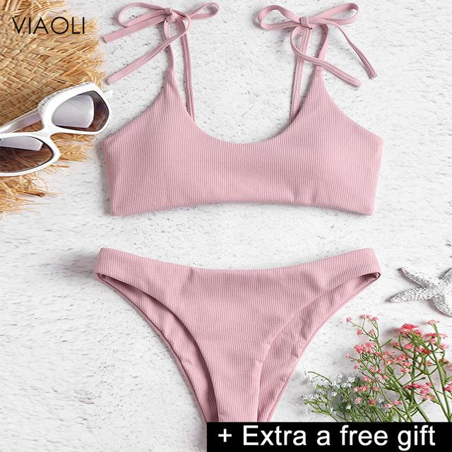 Sexy Solid Ribbed Swimsuit Women BIKINI Set 2018 New Shoulder Lace-up Bathing Suit Tankini Push Up Swimwear Maillot De Bain Girl