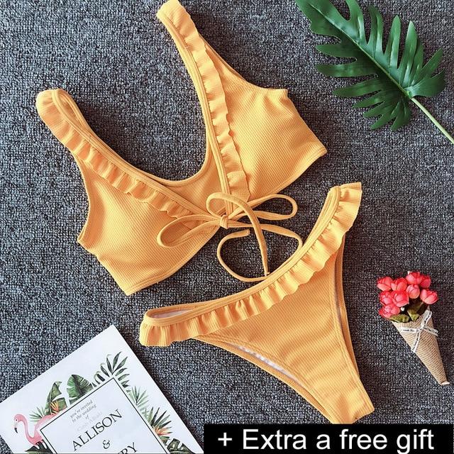 Sexy Solid Ribbed Swimsuit Women BIKINI Set 2018 New Shoulder Lace-up Bathing Suit Tankini Push Up Swimwear Maillot De Bain Girl