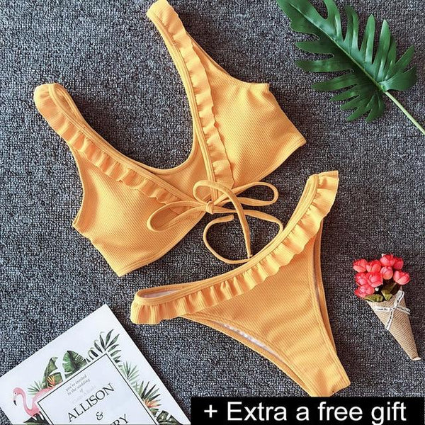 Sexy Solid Ribbed Swimsuit Women BIKINI Set 2018 New Shoulder Lace-up Bathing Suit Tankini Push Up Swimwear Maillot De Bain Girl