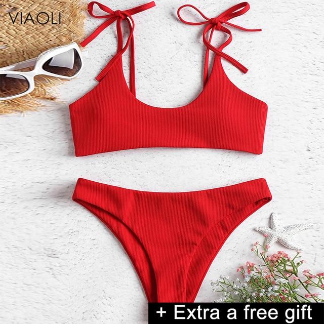 Sexy Solid Ribbed Swimsuit Women BIKINI Set 2018 New Shoulder Lace-up Bathing Suit Tankini Push Up Swimwear Maillot De Bain Girl