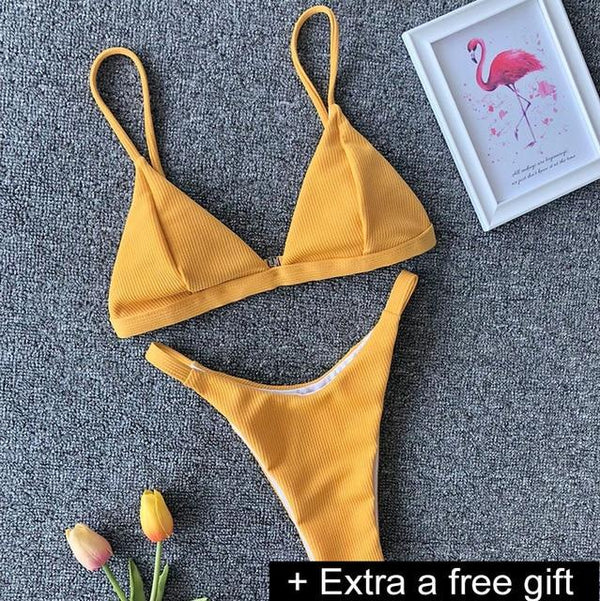 Sexy Solid Ribbed Swimsuit Women BIKINI Set 2018 New Shoulder Lace-up Bathing Suit Tankini Push Up Swimwear Maillot De Bain Girl