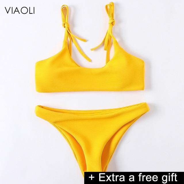 Sexy Solid Ribbed Swimsuit Women BIKINI Set 2018 New Shoulder Lace-up Bathing Suit Tankini Push Up Swimwear Maillot De Bain Girl
