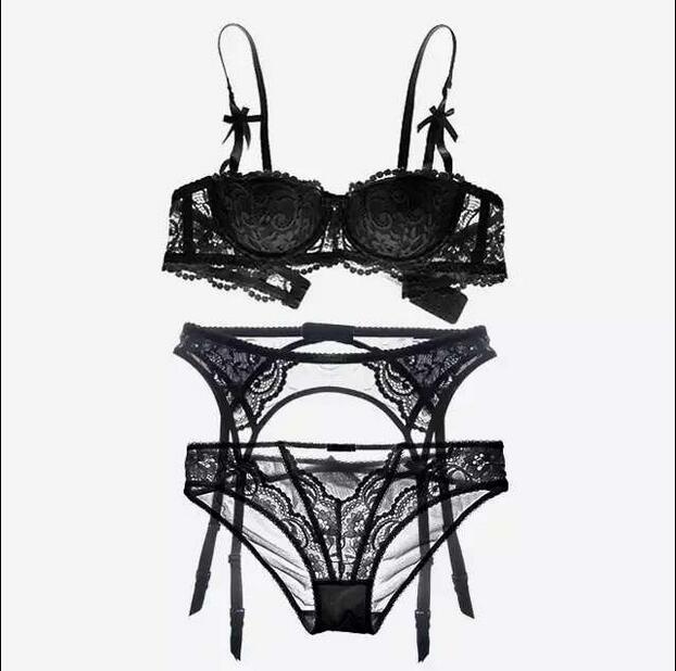 TERMEZY New plus size women sexy bra set intimates embroidery half cup lingerie thin temptation  and panty with Garters Sets