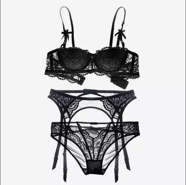 TERMEZY New plus size women sexy bra set intimates embroidery half cup lingerie thin temptation  and panty with Garters Sets