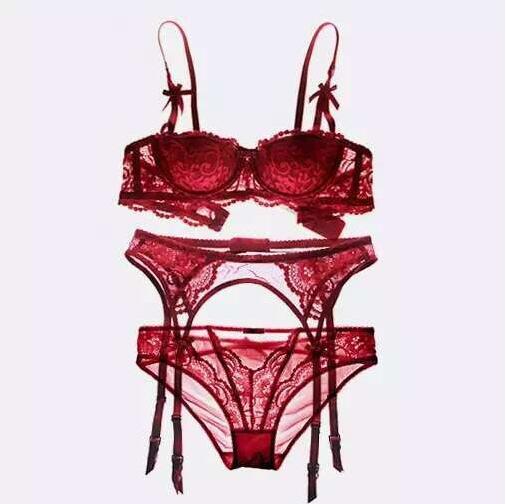 TERMEZY New plus size women sexy bra set intimates embroidery half cup lingerie thin temptation  and panty with Garters Sets