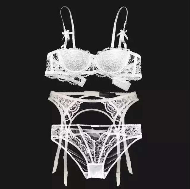 TERMEZY New plus size women sexy bra set intimates embroidery half cup lingerie thin temptation  and panty with Garters Sets