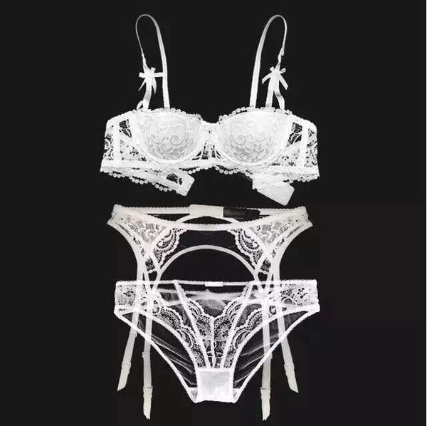 TERMEZY New plus size women sexy bra set intimates embroidery half cup lingerie thin temptation  and panty with Garters Sets