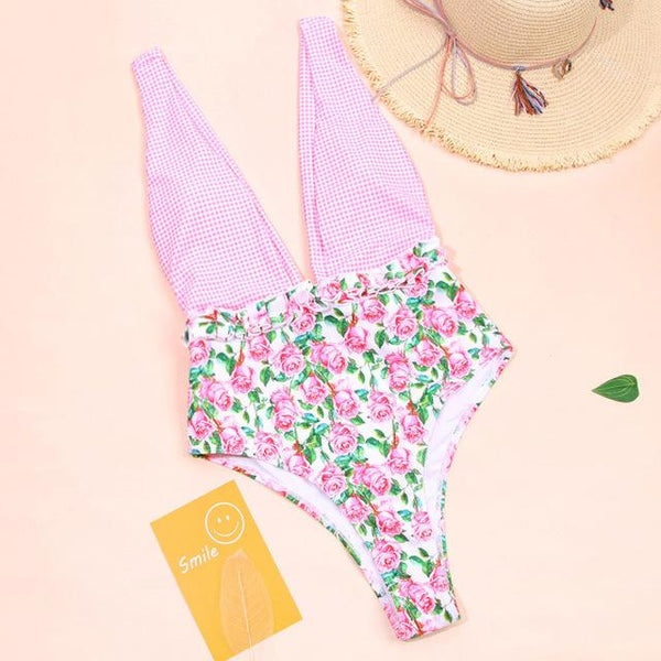 2019 Floral Print Swimsuit Women'S Beach Fashion Pink Swimwear Women Suit Bath High Quality One Piece Swimsuit Female Monokini