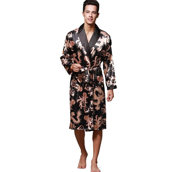 Men Long Sleeve Satin Dragon Silk Nightwear Bathrobes Bath Robe Summer New Kimono Robes Turn-Down Collsr Loose Causal Sleepwear