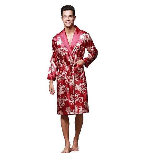 Men Long Sleeve Satin Dragon Silk Nightwear Bathrobes Bath Robe Summer New Kimono Robes Turn-Down Collsr Loose Causal Sleepwear