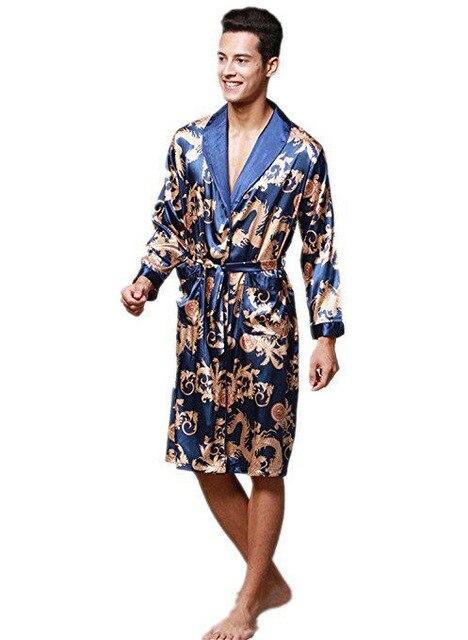 Men Long Sleeve Satin Dragon Silk Nightwear Bathrobes Bath Robe Summer New Kimono Robes Turn-Down Collsr Loose Causal Sleepwear