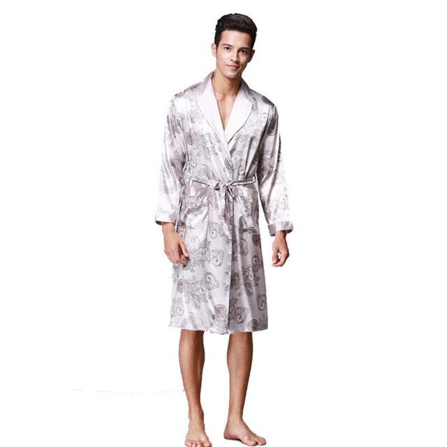 Men Long Sleeve Satin Dragon Silk Nightwear Bathrobes Bath Robe Summer New Kimono Robes Turn-Down Collsr Loose Causal Sleepwear