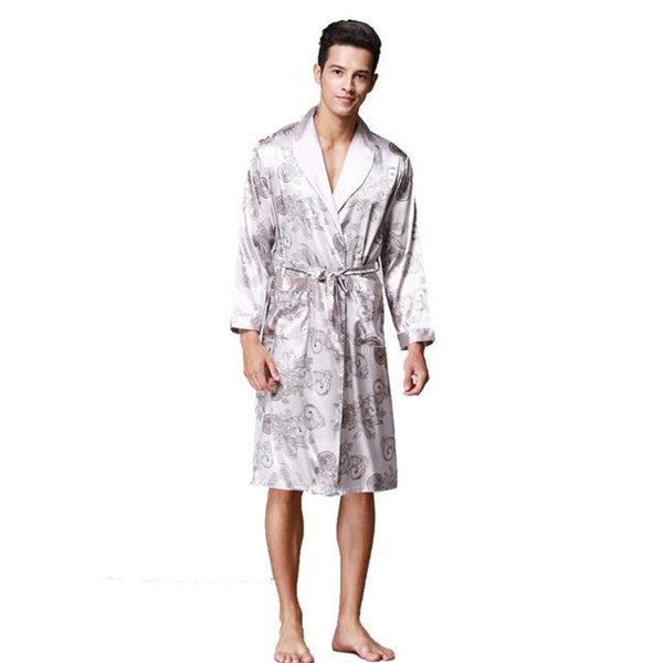 Men Long Sleeve Satin Dragon Silk Nightwear Bathrobes Bath Robe Summer New Kimono Robes Turn-Down Collsr Loose Causal Sleepwear