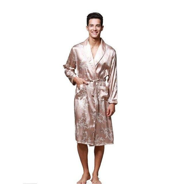 Men Long Sleeve Satin Dragon Silk Nightwear Bathrobes Bath Robe Summer New Kimono Robes Turn-Down Collsr Loose Causal Sleepwear