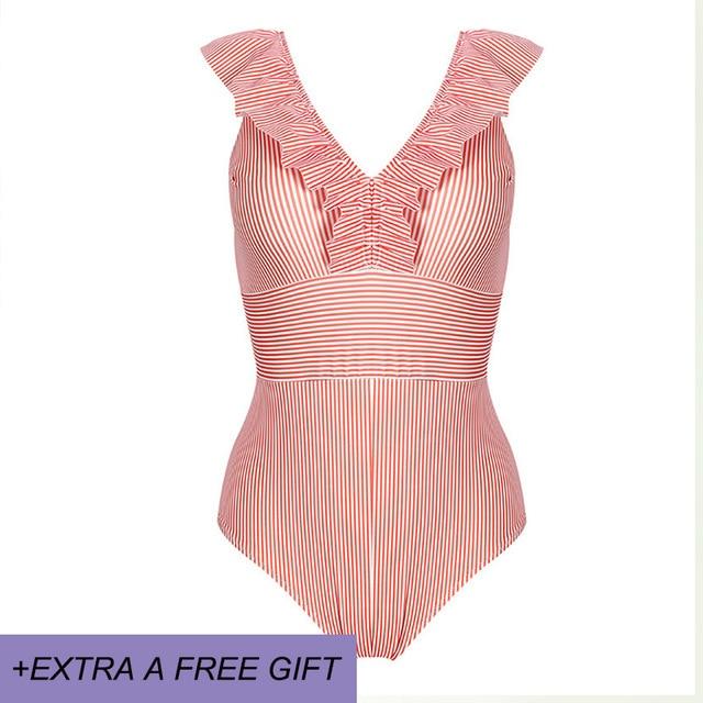 Female Retro Deep V Neck Blue Striped Swimwear One Piece Ruffled Push Up Padded High Waist Backless Sexy Swimsuit Women Monokini