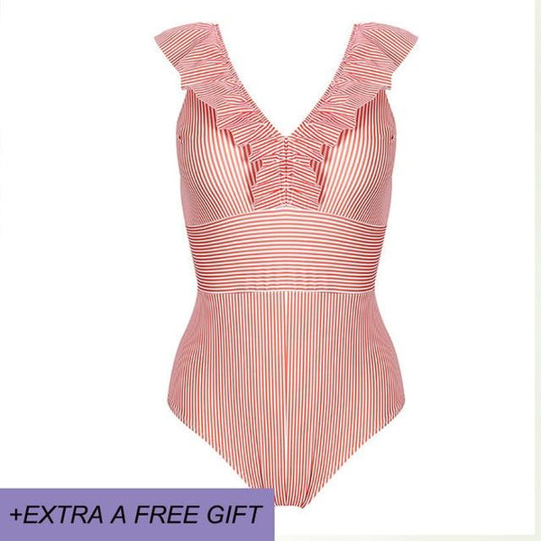 Female Retro Deep V Neck Blue Striped Swimwear One Piece Ruffled Push Up Padded High Waist Backless Sexy Swimsuit Women Monokini