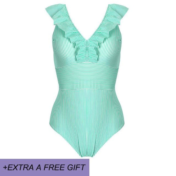 Female Retro Deep V Neck Blue Striped Swimwear One Piece Ruffled Push Up Padded High Waist Backless Sexy Swimsuit Women Monokini