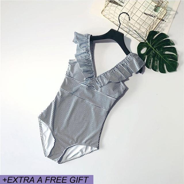 Female Retro Deep V Neck Blue Striped Swimwear One Piece Ruffled Push Up Padded High Waist Backless Sexy Swimsuit Women Monokini