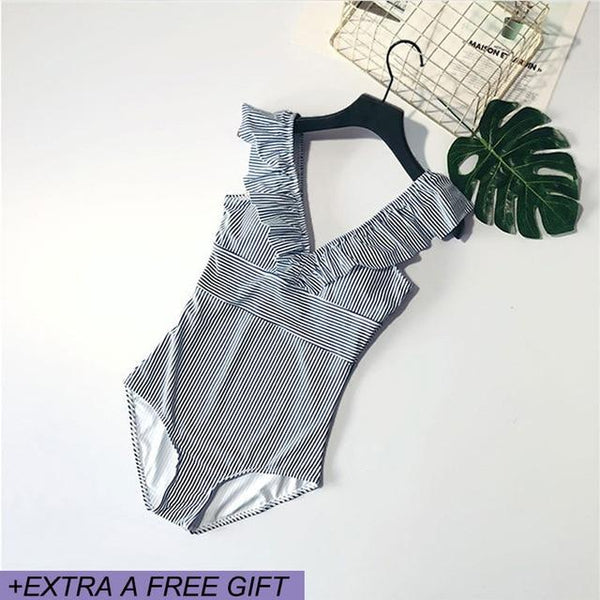 Female Retro Deep V Neck Blue Striped Swimwear One Piece Ruffled Push Up Padded High Waist Backless Sexy Swimsuit Women Monokini