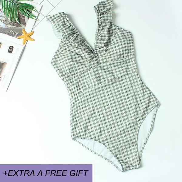 Female Retro Deep V Neck Blue Striped Swimwear One Piece Ruffled Push Up Padded High Waist Backless Sexy Swimsuit Women Monokini