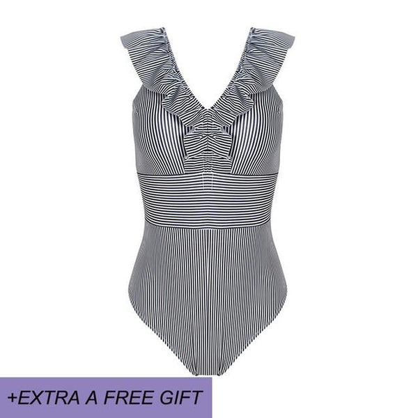 Female Retro Deep V Neck Blue Striped Swimwear One Piece Ruffled Push Up Padded High Waist Backless Sexy Swimsuit Women Monokini