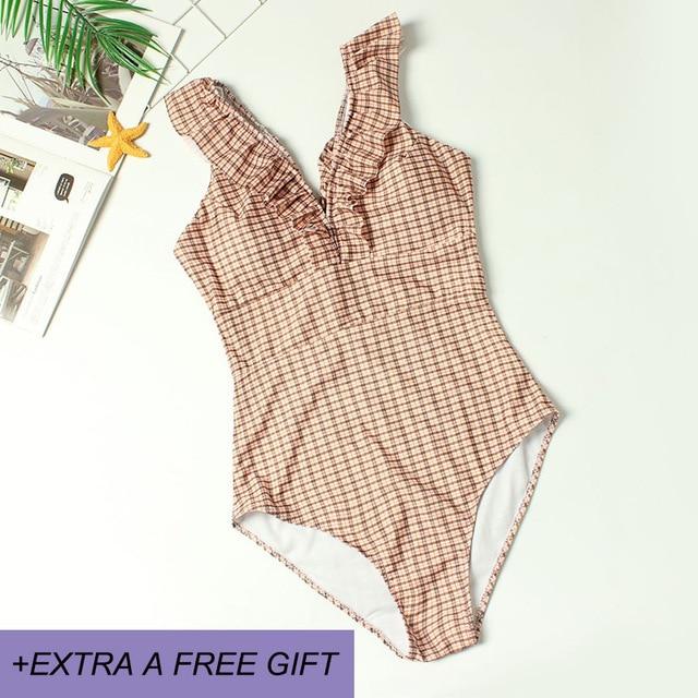 Female Retro Deep V Neck Blue Striped Swimwear One Piece Ruffled Push Up Padded High Waist Backless Sexy Swimsuit Women Monokini