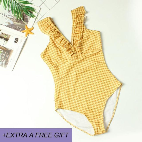 Female Retro Deep V Neck Blue Striped Swimwear One Piece Ruffled Push Up Padded High Waist Backless Sexy Swimsuit Women Monokini